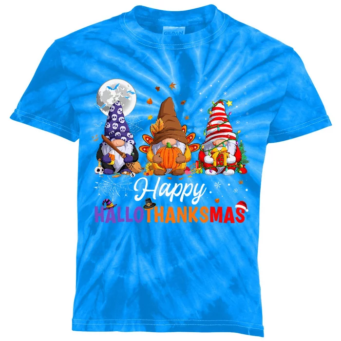 Halloween Thanksgiving Christmas Happy HalloThanksMas Gnomes Kids Tie-Dye T-Shirt