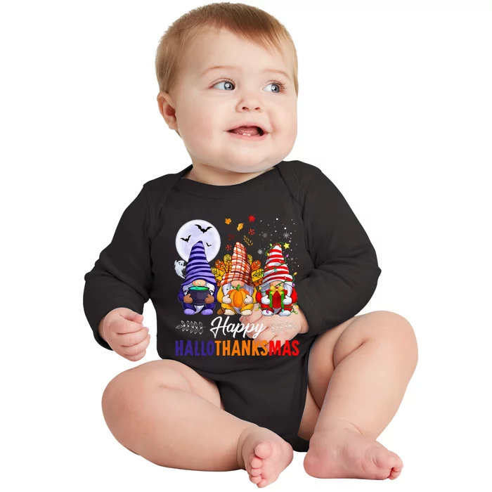 Halloween Thanksgiving Christmas Happy HalloThanksMas Gnomes Baby Long Sleeve Bodysuit