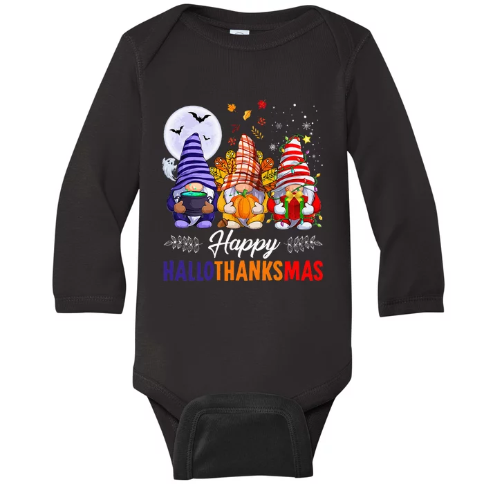 Halloween Thanksgiving Christmas Happy HalloThanksMas Gnomes Baby Long Sleeve Bodysuit