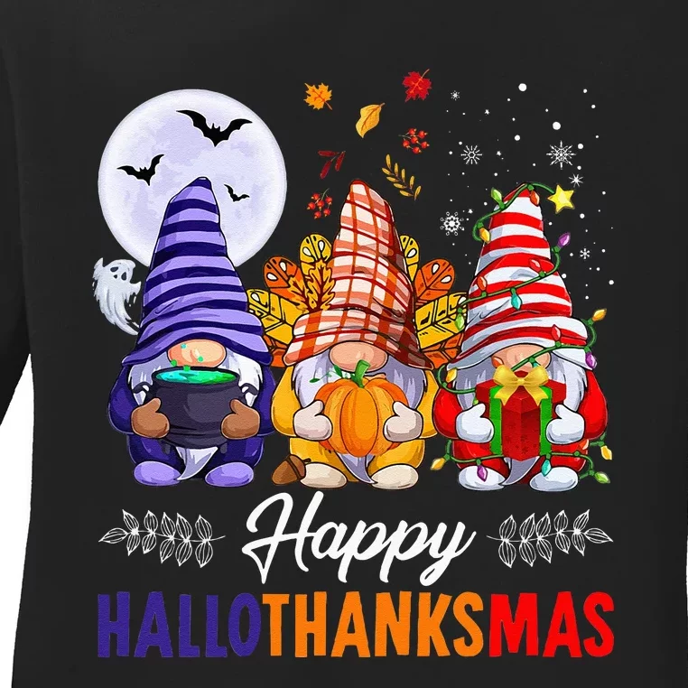 Halloween Thanksgiving Christmas Happy HalloThanksMas Gnomes Ladies Long Sleeve Shirt