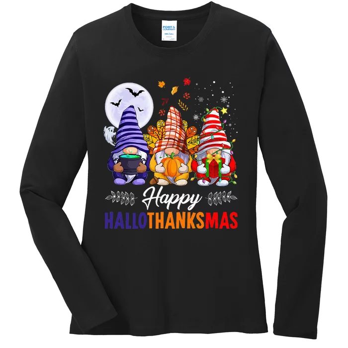 Halloween Thanksgiving Christmas Happy HalloThanksMas Gnomes Ladies Long Sleeve Shirt