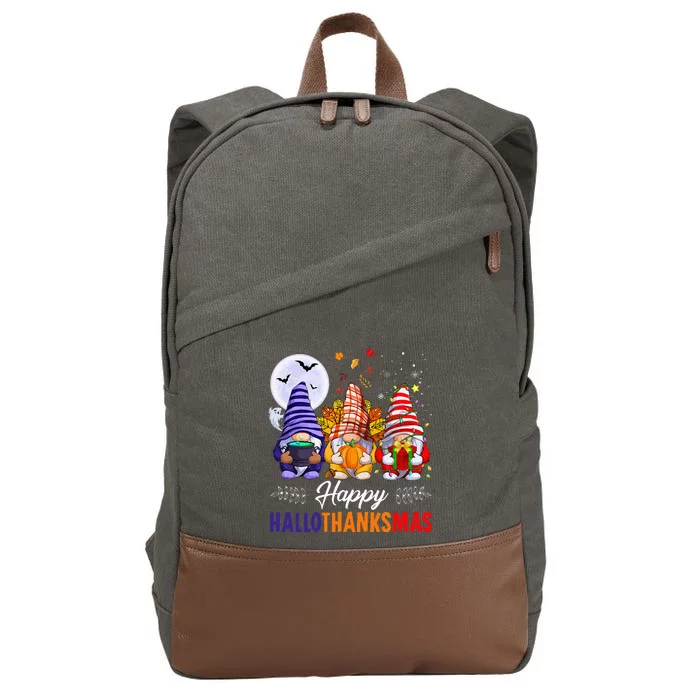 Halloween Thanksgiving Christmas Happy HalloThanksMas Gnomes Cotton Canvas Backpack