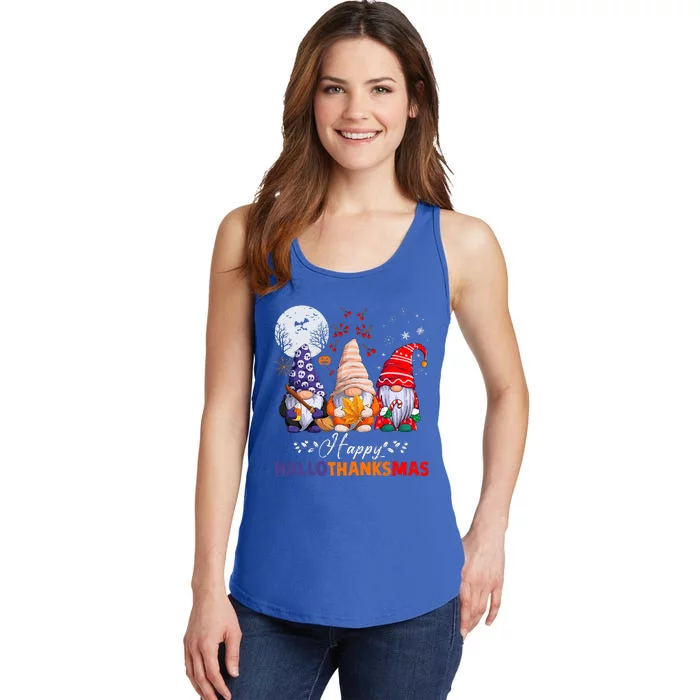 Halloween Thanksgiving Christmas Happy HalloThanksMas Gnomes Ladies Essential Tank