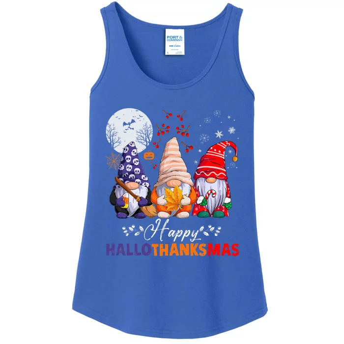 Halloween Thanksgiving Christmas Happy HalloThanksMas Gnomes Ladies Essential Tank