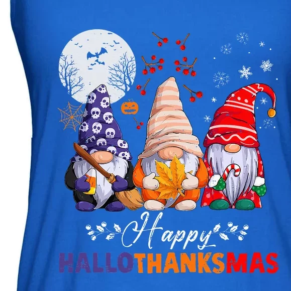 Halloween Thanksgiving Christmas Happy HalloThanksMas Gnomes Ladies Essential Flowy Tank