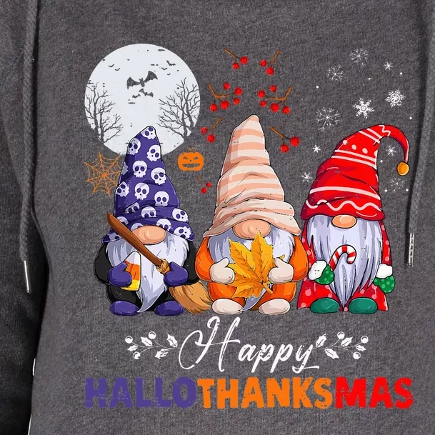 Halloween Thanksgiving Christmas Happy HalloThanksMas Gnomes Womens Funnel Neck Pullover Hood