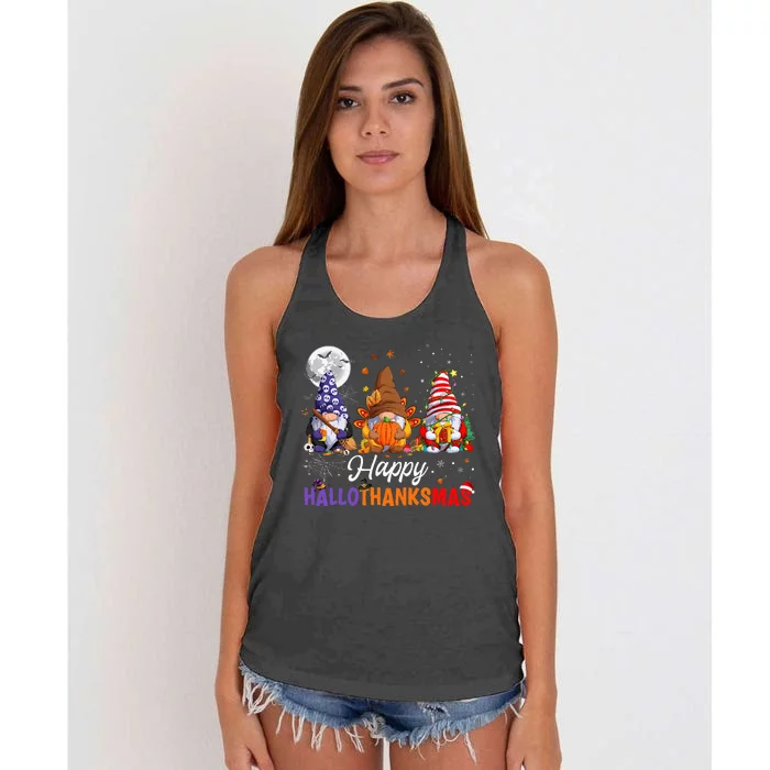 Halloween Thanksgiving Christmas Happy HalloThanksMas Gnomes Women's Knotted Racerback Tank