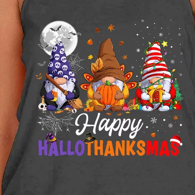 Halloween Thanksgiving Christmas Happy HalloThanksMas Gnomes Women's Knotted Racerback Tank