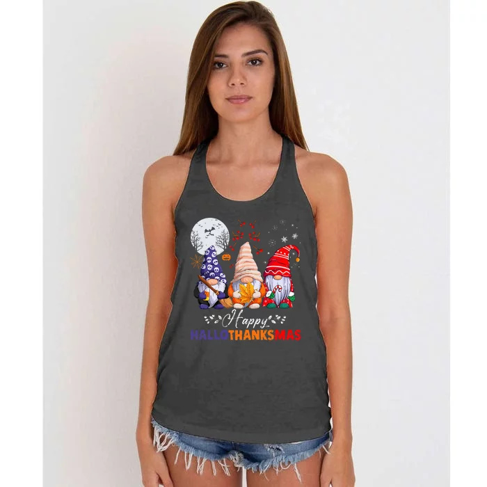 Halloween Thanksgiving Christmas Happy HalloThanksMas Gnomes Women's Knotted Racerback Tank