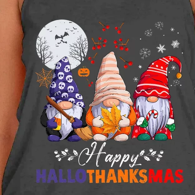 Halloween Thanksgiving Christmas Happy HalloThanksMas Gnomes Women's Knotted Racerback Tank