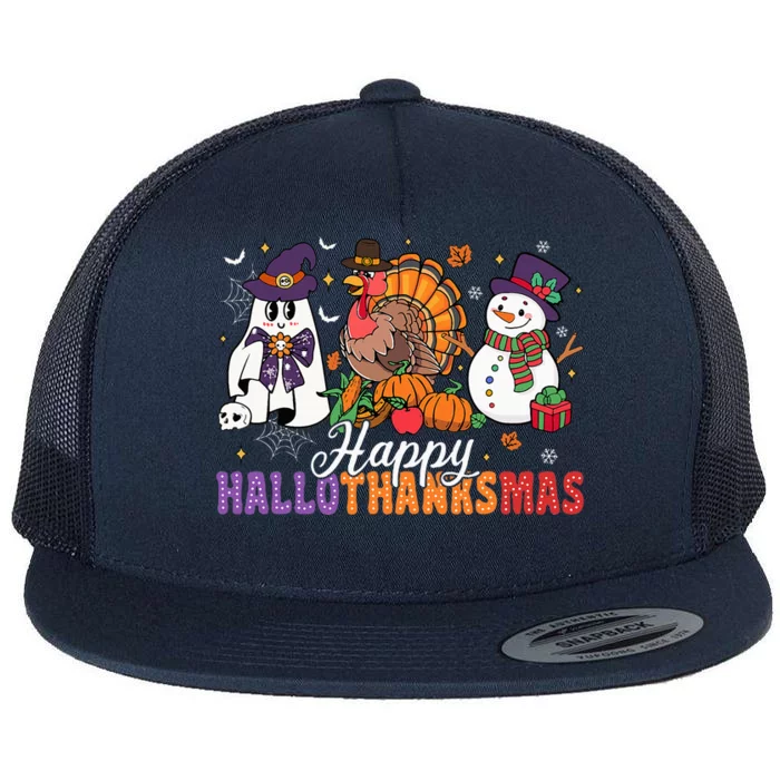 Halloween Thanksgiving Christmas Happy Hallothanksmas Flat Bill Trucker Hat