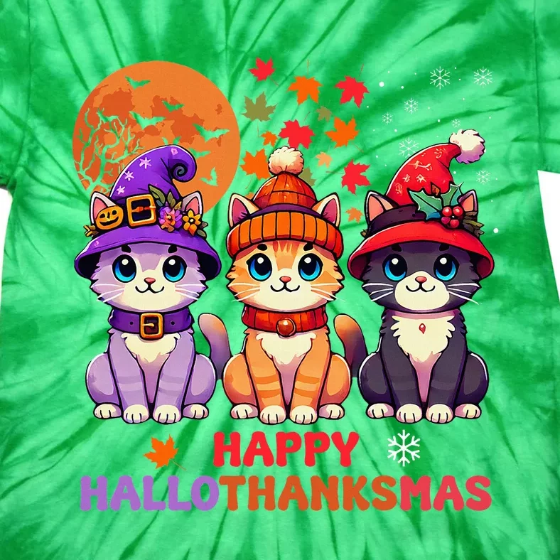 Halloween Thanksgiving Christmas Happy Hallothanksmas Cats Tie-Dye T-Shirt