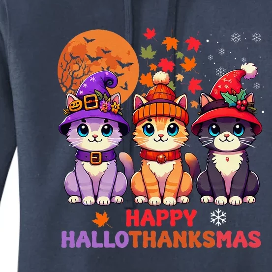 Halloween Thanksgiving Christmas Happy Hallothanksmas Cats Women's Pullover Hoodie