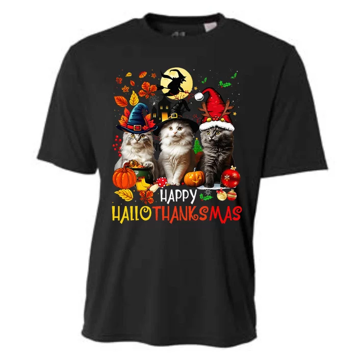 Halloween Thanksgiving Christmas Happy Hallothanksmas Cats Cooling Performance Crew T-Shirt