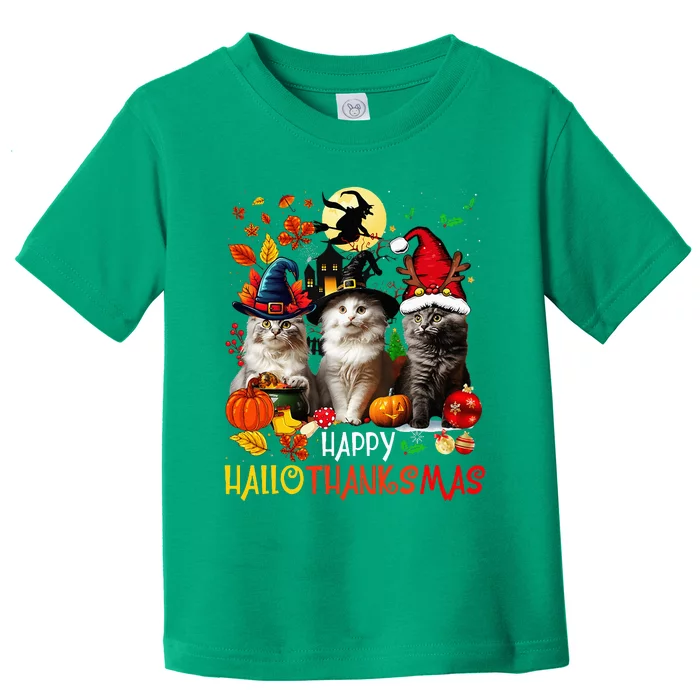 Halloween Thanksgiving Christmas Happy Hallothanksmas Cats Toddler T-Shirt