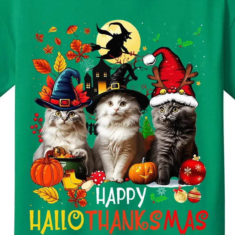 Halloween Thanksgiving Christmas Happy Hallothanksmas Cats Kids T-Shirt