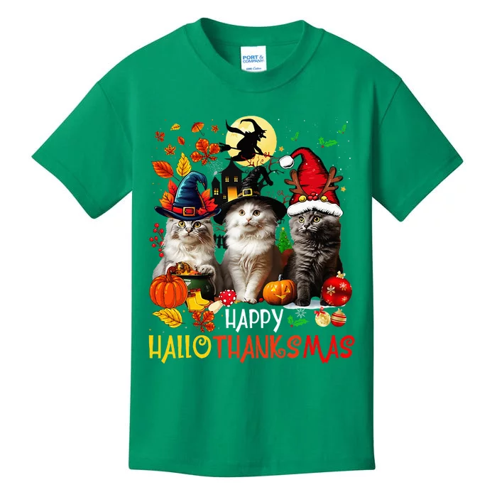 Halloween Thanksgiving Christmas Happy Hallothanksmas Cats Kids T-Shirt