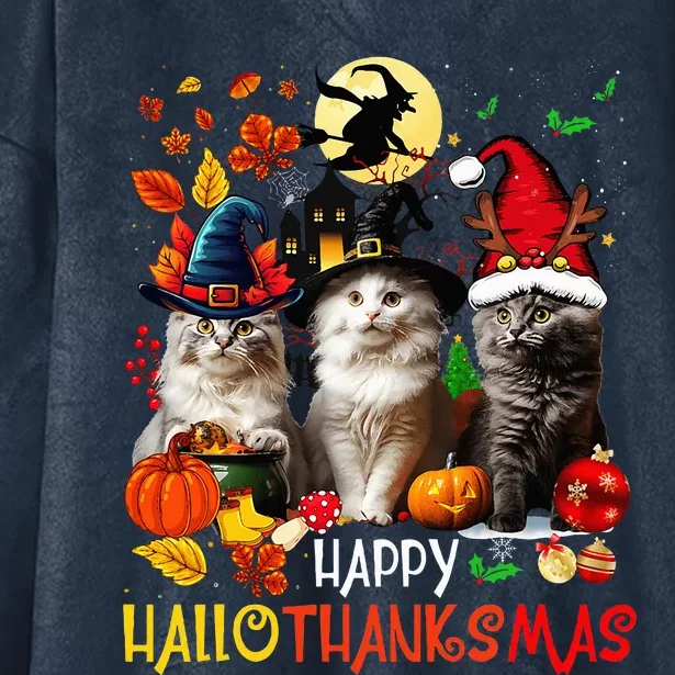 Halloween Thanksgiving Christmas Happy Hallothanksmas Cats Hooded Wearable Blanket