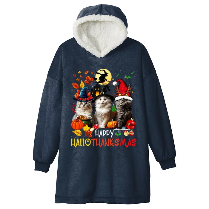 Halloween Thanksgiving Christmas Happy Hallothanksmas Cats Hooded Wearable Blanket