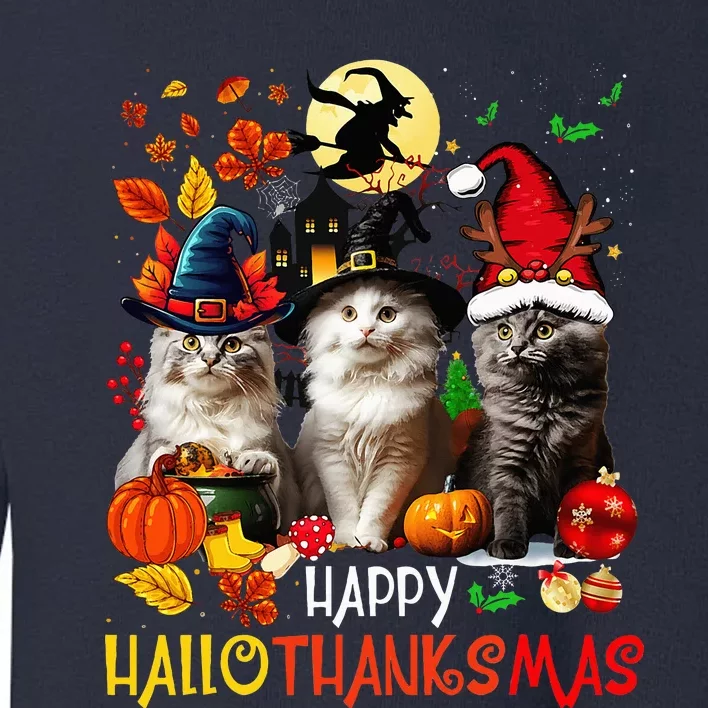 Halloween Thanksgiving Christmas Happy Hallothanksmas Cats Toddler Sweatshirt