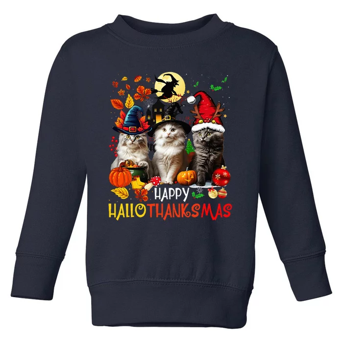 Halloween Thanksgiving Christmas Happy Hallothanksmas Cats Toddler Sweatshirt