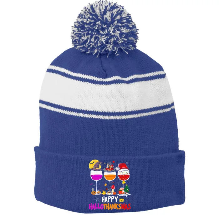 Halloween Thanksgiving Christmas Happy Hallothanksmas Funny Stripe Pom Pom Beanie