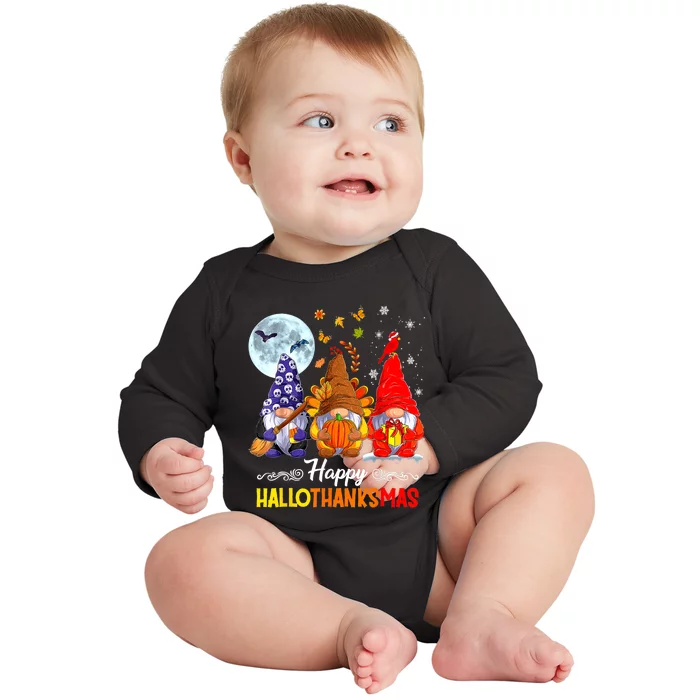 Halloween Thanksgiving Christmas Happy HalloThanksMas Gnomes Baby Long Sleeve Bodysuit