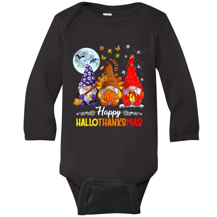 Halloween Thanksgiving Christmas Happy HalloThanksMas Gnomes Baby Long Sleeve Bodysuit