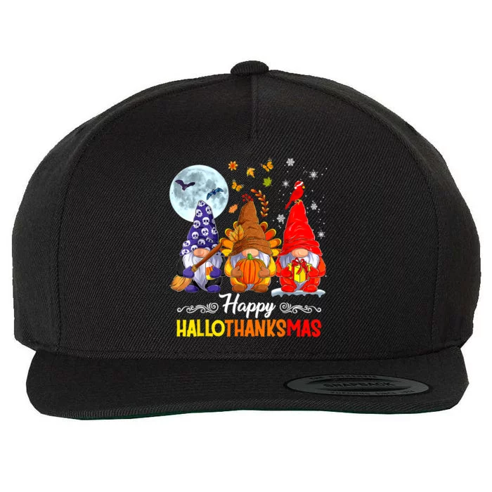 Halloween Thanksgiving Christmas Happy HalloThanksMas Gnomes Wool Snapback Cap