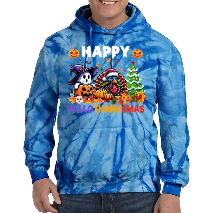 Halloween Thanksgiving Christmas Happy Hallothanksmas Cute Gift Tie Dye Hoodie