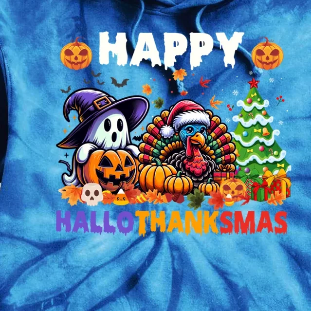 Halloween Thanksgiving Christmas Happy Hallothanksmas Cute Gift Tie Dye Hoodie