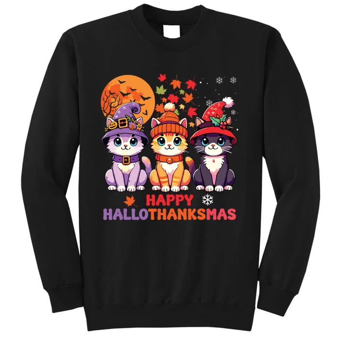 Halloween Thanksgiving Christmas Happy Hallothanksmas Cats Sweatshirt