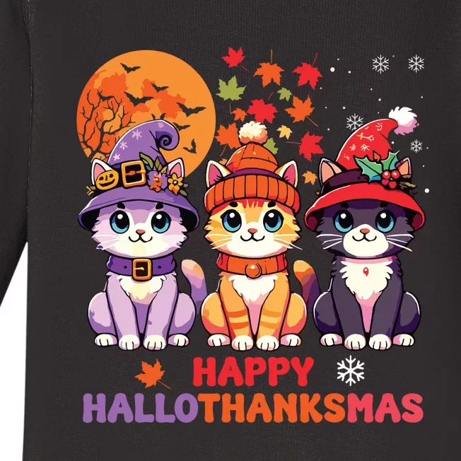 Halloween Thanksgiving Christmas Happy Hallothanksmas Cats Baby Long Sleeve Bodysuit