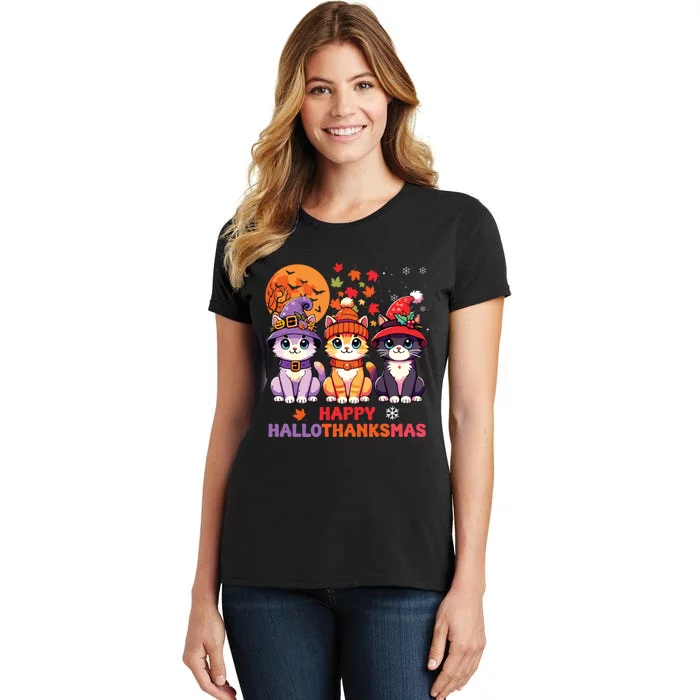 Halloween Thanksgiving Christmas Happy Hallothanksmas Cats Women's T-Shirt