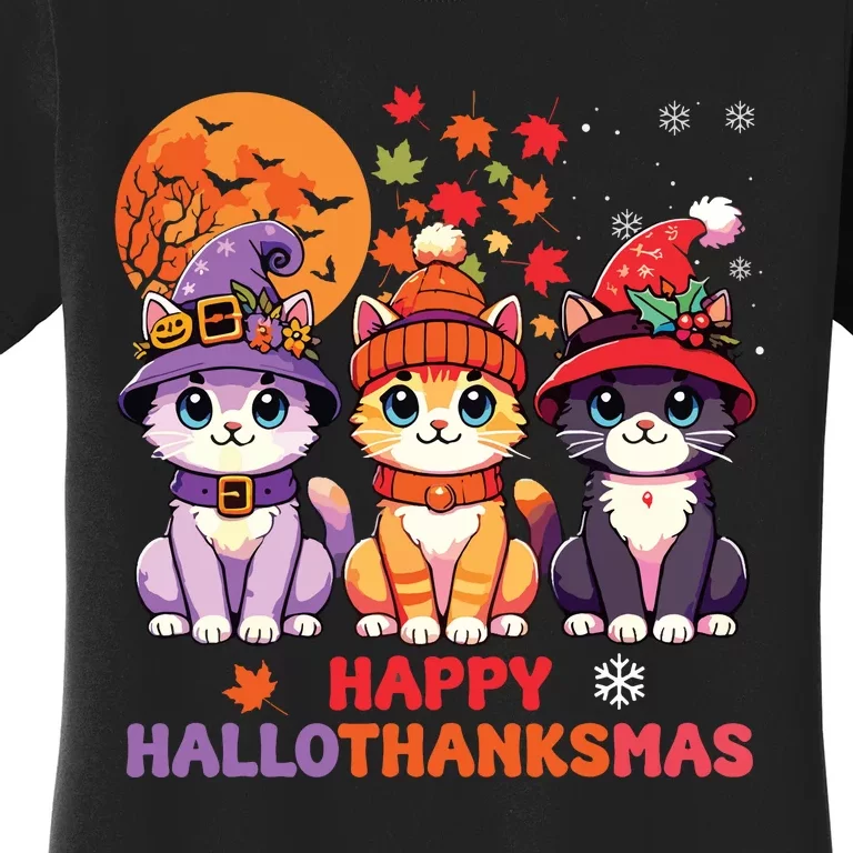 Halloween Thanksgiving Christmas Happy Hallothanksmas Cats Women's T-Shirt