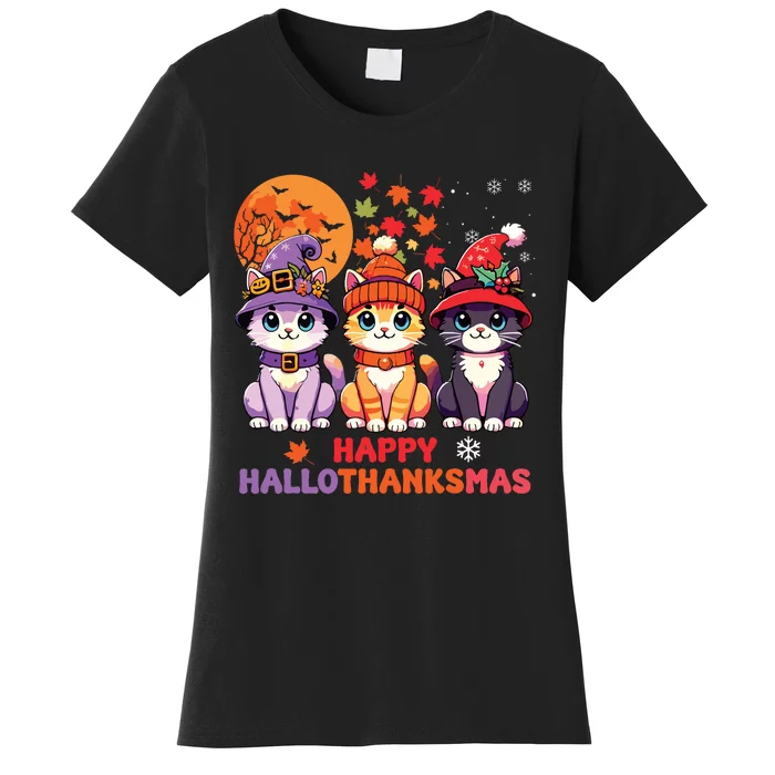 Halloween Thanksgiving Christmas Happy Hallothanksmas Cats Women's T-Shirt