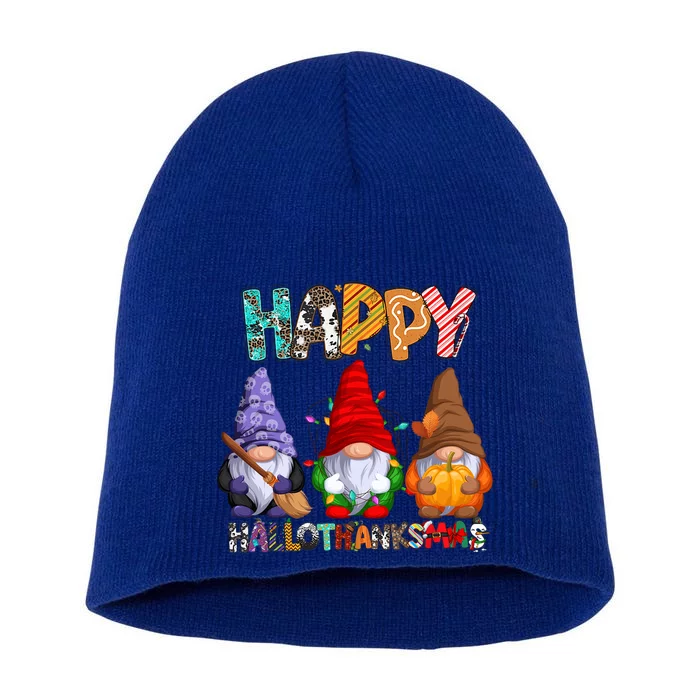 Halloween Thanksgiving Christmas Happy Hallothanksmas Gnomes Gift Short Acrylic Beanie