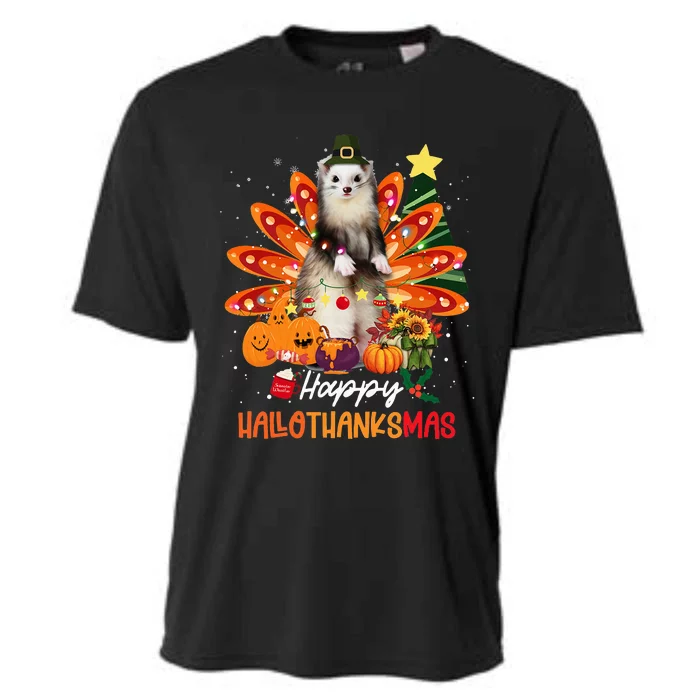 Halloween Thanksgiving Christmas Happy Hallothanksmas Ferret Cooling Performance Crew T-Shirt