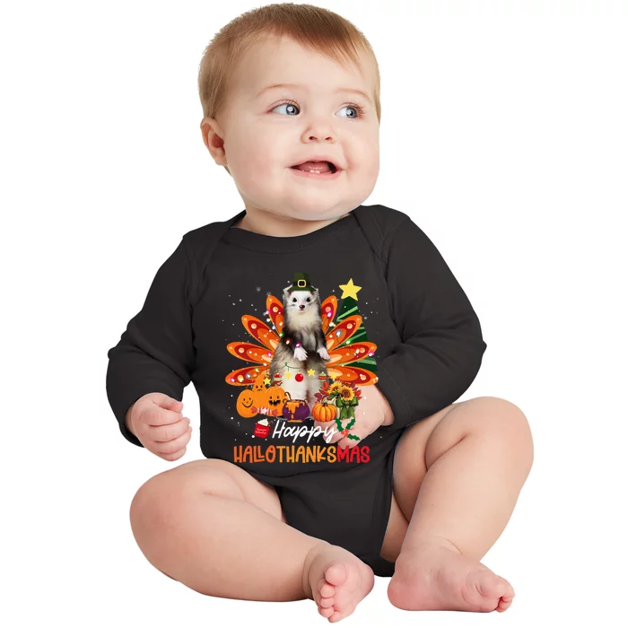 Halloween Thanksgiving Christmas Happy Hallothanksmas Ferret Baby Long Sleeve Bodysuit