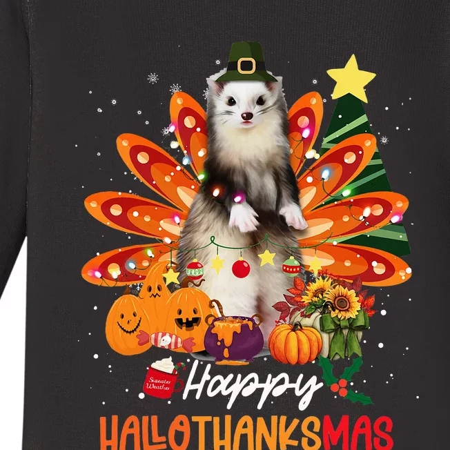 Halloween Thanksgiving Christmas Happy Hallothanksmas Ferret Baby Long Sleeve Bodysuit