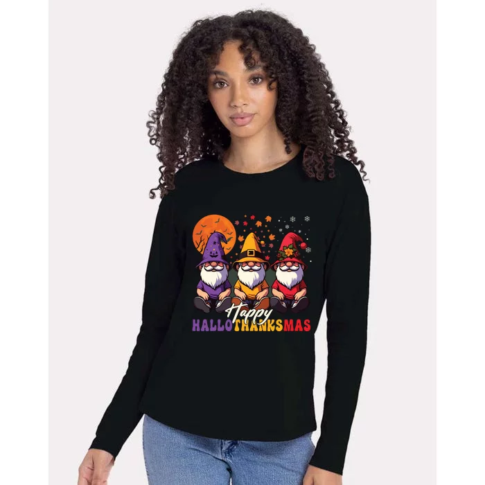 Halloween Thanksgiving Christmas Happy Hallothanksmas Gnomes Womens Cotton Relaxed Long Sleeve T-Shirt