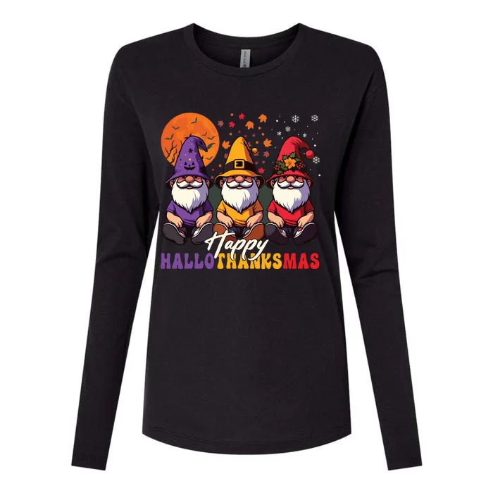 Halloween Thanksgiving Christmas Happy Hallothanksmas Gnomes Womens Cotton Relaxed Long Sleeve T-Shirt