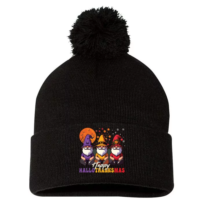 Halloween Thanksgiving Christmas Happy Hallothanksmas Gnomes Pom Pom 12in Knit Beanie