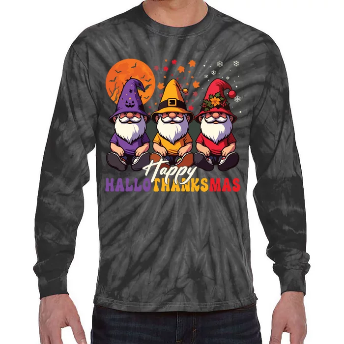 Halloween Thanksgiving Christmas Happy Hallothanksmas Gnomes Tie-Dye Long Sleeve Shirt