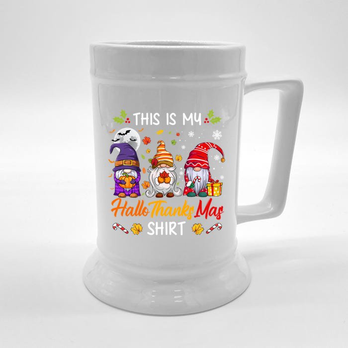 Halloween Thanksgiving Christmas Funny Hallothanksmas Gnomes Cool Gift Front & Back Beer Stein