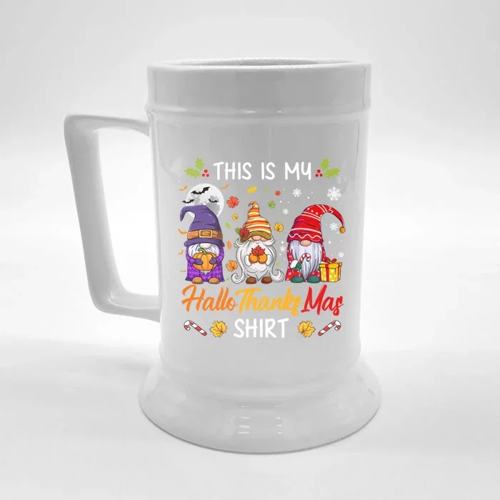 Halloween Thanksgiving Christmas Funny Hallothanksmas Gnomes Cool Gift Front & Back Beer Stein