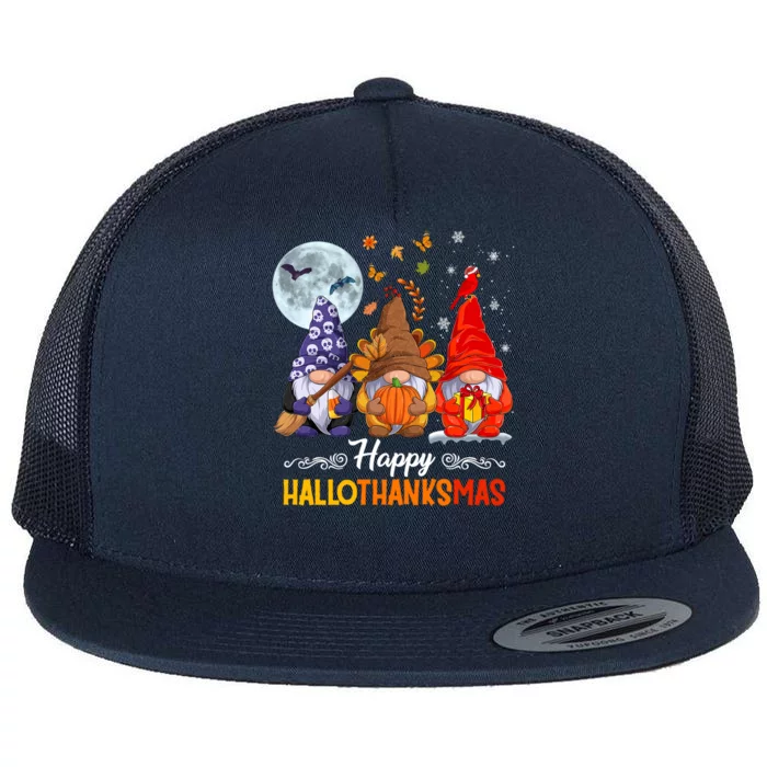 Halloween Thanksgiving Christmas Happy Hallothanksmas Gnomes Cute Gift Flat Bill Trucker Hat