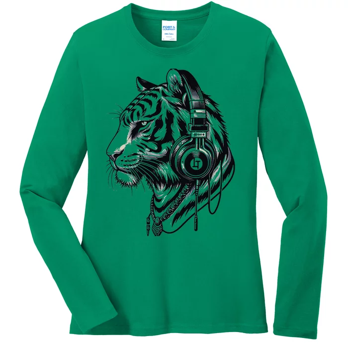 Headphones Tiger Cool Ladies Long Sleeve Shirt