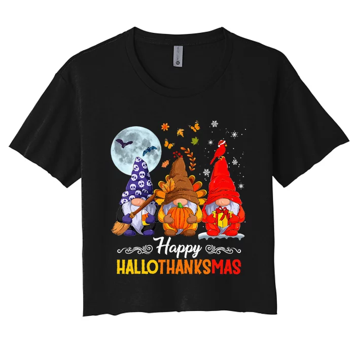 Halloween Thanksgiving Christmas Happy Hallothanksmas Gnomes Women's Crop Top Tee