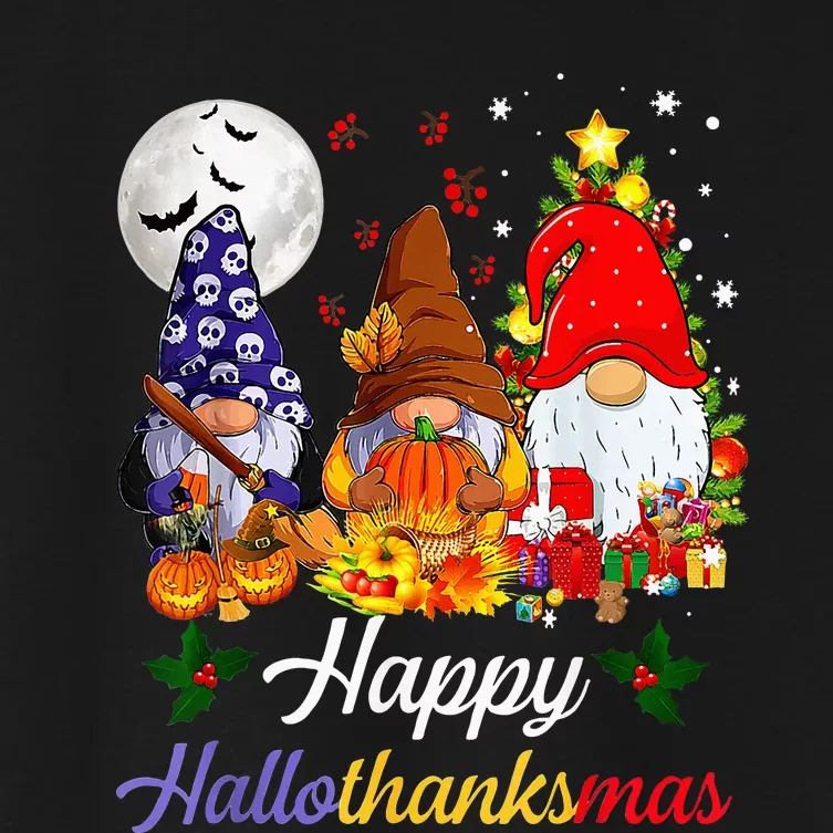 Halloween Thanksgiving Christmas Happy Hallothanksmas Gnomes Women's Crop Top Tee